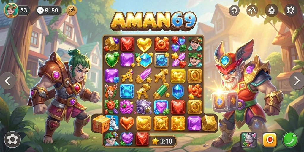 Tampilan gameplay seru dari AMAN69 saat mencocokkan permata.