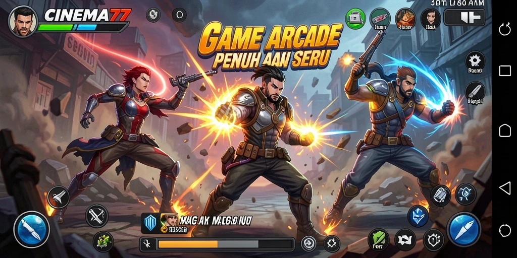 Screenshot utama CINEMA77 menunjukkan gameplay seru dan penuh aksi.