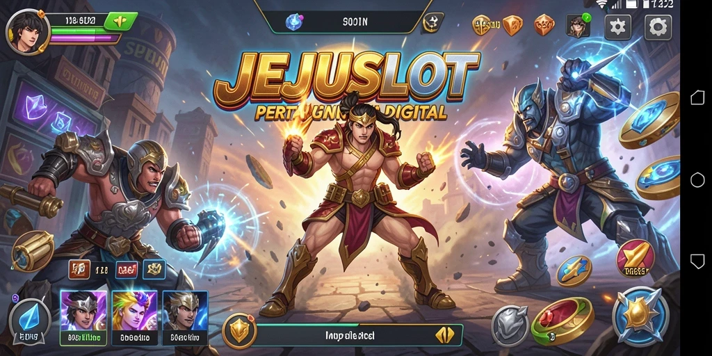 Tangkapan layar menampilkan pertarungan sengit antara karakter di JEJUSLOT.