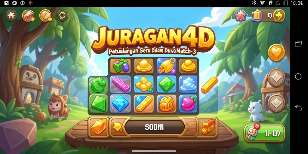 Tampilan gameplay seru JURAGAN4D dengan level Match-3 yang menantang.
