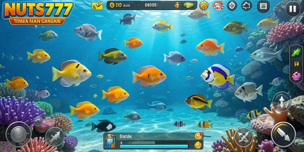 Screenshot gameplay menunjukkan aksi menangkap ikan seru di NUTS777.