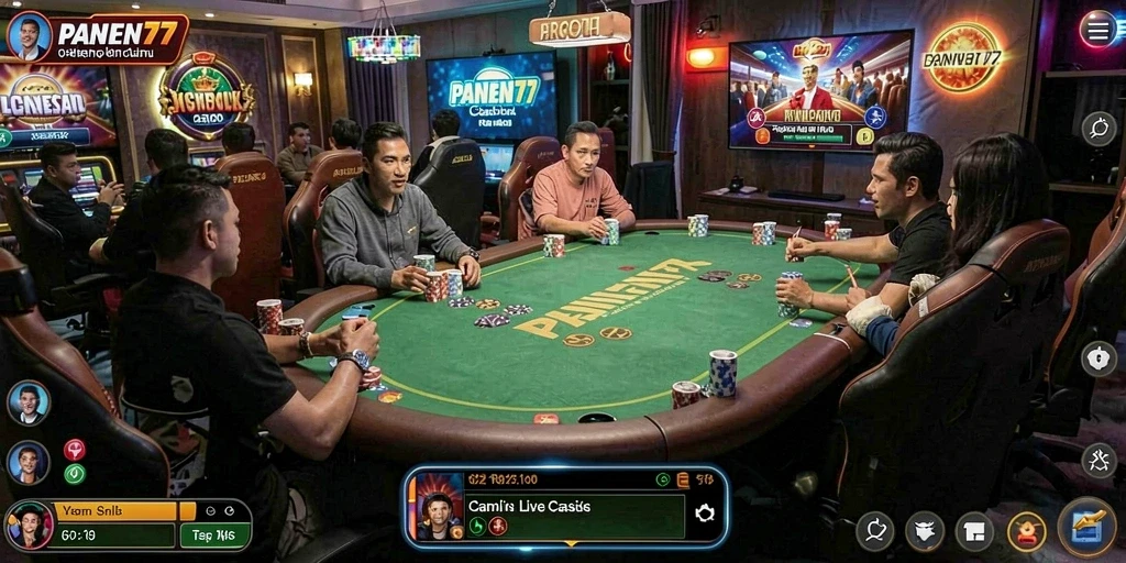 Screenshot gameplay PANEN77 menampilkan dealer profesional dan antarmuka interaktif.