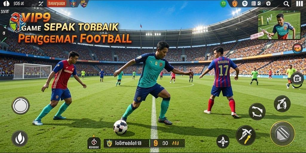 Tampilan gameplay SVIP9 menampilkan aksi seru di lapangan sepak bola.